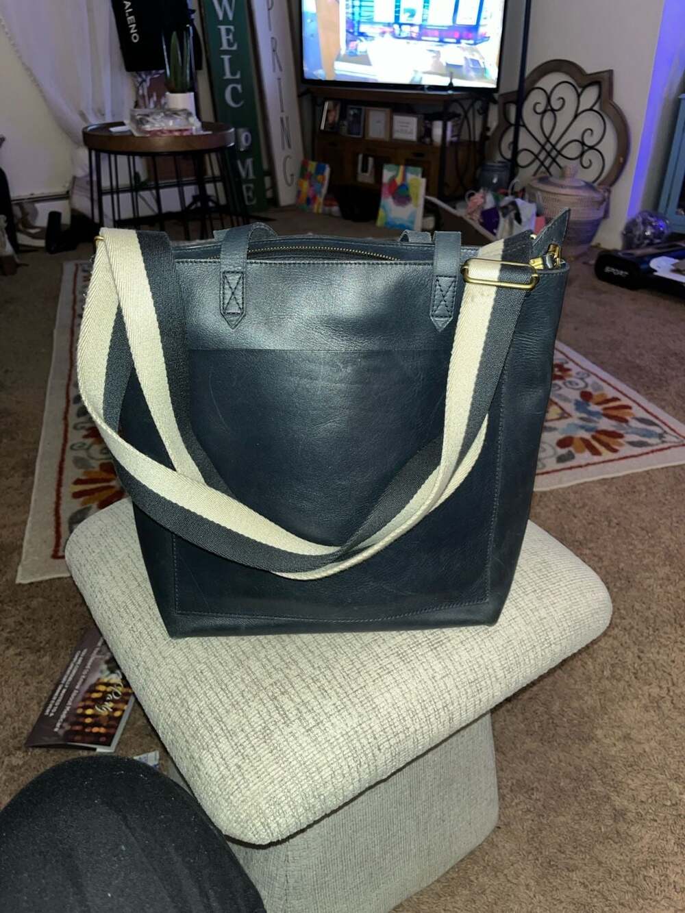 Madewell Navy Blue Leather Zip-Top Medium Transport Tote with Webbing Strap